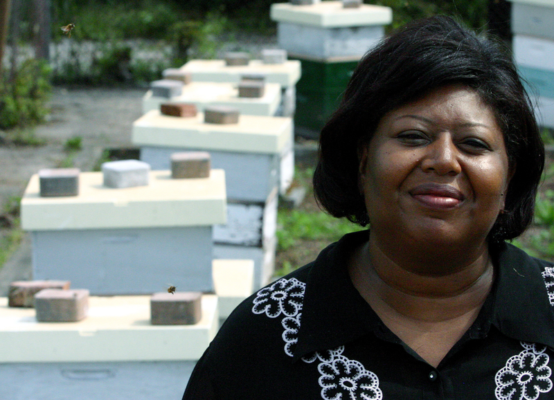 ** ADVANCE FOR MONDAY, OCT. 9 **Brenda Palms Barber, executive director of North Lawndale Employment Network, stands amid beehives at Sweet Beginnings on Thursday, Sept. 14, 2006, located in a scrubby urban lot on Chicago's west side. Palms Barber was looking for way to employ those recently released from the criminal justice system and came up with the idea for Sweet Beginnings, beekeeping, as a way to provide neighborhood residents with opportunities for employment and economic advancement. (AP Photo/Julio Cortez)